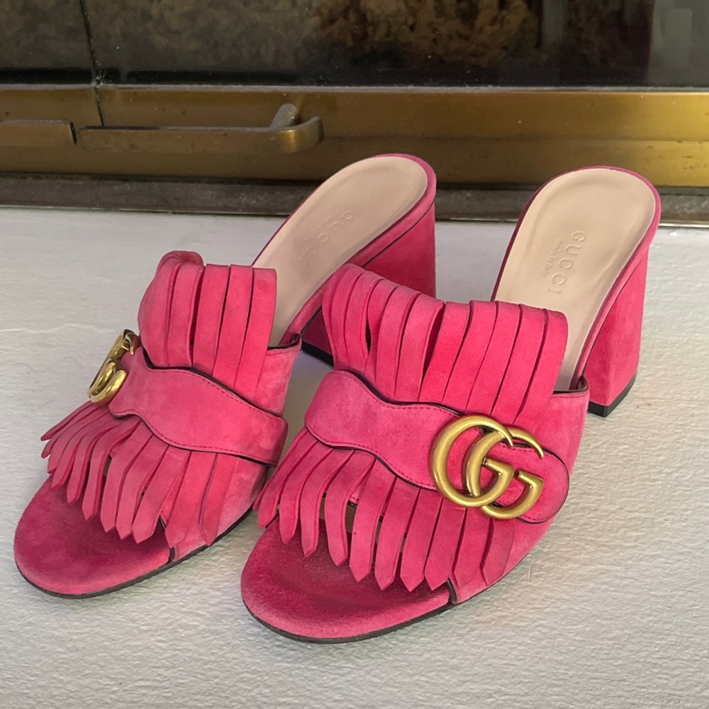 Gucci Hot Pink Suede Fringe Double G Block Heel Mules - Picture 2 of 16